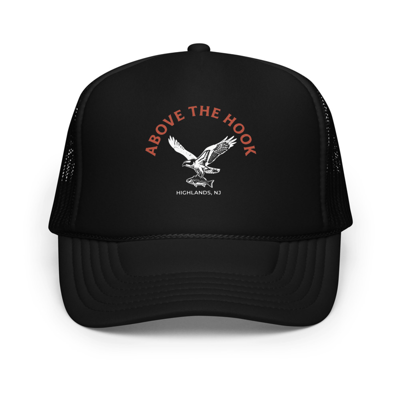 Black foam trucker hat with mesh back panels featuring a white osprey graphic and orange ABOVE THE HOOK text